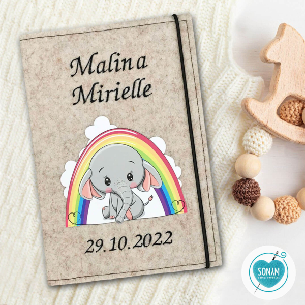 U-Heft Hülle Designbeispiel beige meliert Elefant Mädchen unter Regenbogen